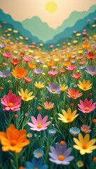 Aufkleber - Colorful Meadow of Flowers with a Sunny Sky, Creating a Warm and Whimsical Atmosphere