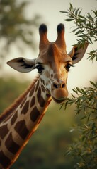 Poster - Giraffe Eating Leaves: Majestic Wildlife Portrait in Natural Light