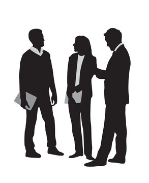 Group of Business people, men and woman talking to each other, discussing work problems. Scene is serious and formal. Flat vector silhouette illustration isolated on transparent background