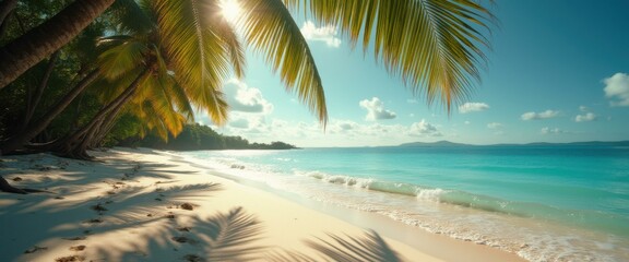 Poster - Tropical beach paradise with palm trees, turquoise ocean, and soft white sand under a clear blue sky