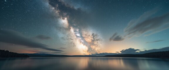 Aufkleber - Night sky with milky way reflected over tranquil lake and dark silhouette of forest under starry sky with wispy clouds