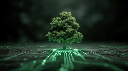 Poster - Green Technology Tree Growing on Circuit Board Digital Nature Eco Friendly Sustainable Technology Concept Futuristic Green Energy Innovation Digital World Environmental Conservation Digital Tree      