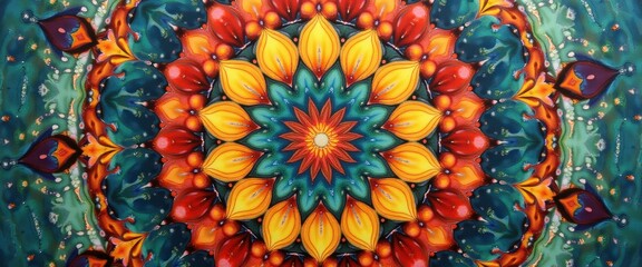 Aufkleber - Vibrant symmetrical mandala artwork featuring layered petals in shades of red, yellow, and blue