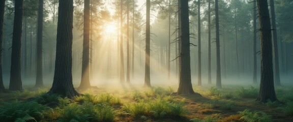 Aufkleber - Sun rays shine through misty forest with tall trees, creating a dreamy atmosphere and highlighting ferns on the ground