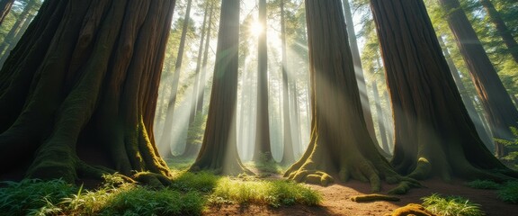 Poster - Sunlit Giants: Towering Trees and Ethereal Light in an Enchanting Forest