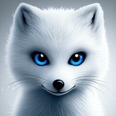 Aufkleber - Adorable Arctic Fox with Bright Blue Eyes on a White Background, Furry Animal Portrait with a Smiling Expression