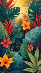 Aufkleber - Vibrant and Exuberant Illustration of a Lush Tropical Jungle with Brightly Colored Exotic Flowers and Monstera Leaves