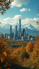 Poster - Autumn Cityscape with Towering Buildings and Snowy Mountain Backdrop