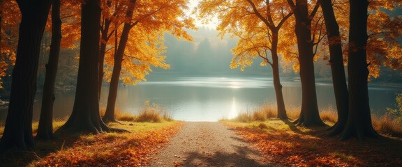 Aufkleber - Path to a Serene Lake Amidst an Autumnal Forest
