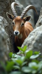 Poster - Majestic Mountain Goat Portrait Amidst Rocky Terrain and Lush Greenery