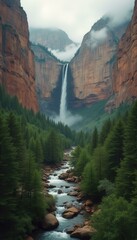 Poster - Towering waterfall cascades between sheer cliffs in a forested canyon with a rushing river, creating a sense of grandeur and natural beauty