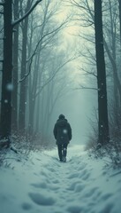 Poster - Person walking alone in winter forest, serene path, snowy landscape, tranquility, nature trail, mystery, back view, seasonal adven