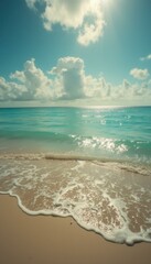 Poster - Tranquil Seascape with Azure Water, Soft Waves, and Golden Sand under a Sunny Sky with Fluffy Clouds