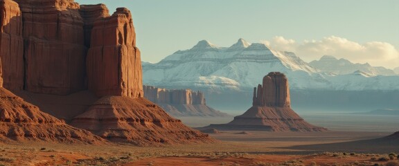 Poster - Towering sandstone formations pierce the arid desert landscape, dwarfed by snow-capped mountains under a clear, expansive sky.