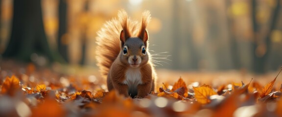 Poster - Portrait of a Red Squirrel Amongst Autumn Leaves in a Forest