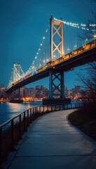 Poster - Towering Suspension Bridge Illuminated at Dusk over Tranquil Waterway