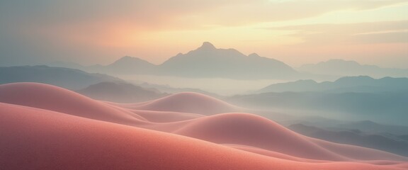 Poster - Ethereal desert landscape with soft pink dunes and distant mountains under a pastel sky at dawn