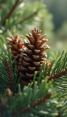 Poster - Two Brown Pine Cones Nestled Among Green Needles in Natural Sunlight, Close-Up