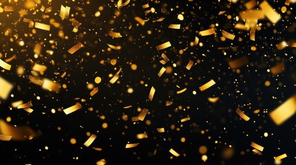 Poster - Gold confetti falling on a black background with glittering festive particles