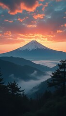 Fototapete - Majestic mountain peak covered with snow rises above cloudy valley at colorful sunset