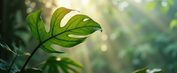 Poster - Lush Tropical Foliage: A Close-Up of a Monstera Leaf in Golden Sunlight