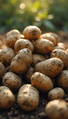 Poster - Freshly Harvested Potatoes Pile Displayed on Soil in Cinematic Natural Light