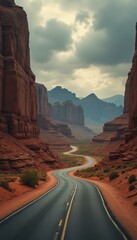 Poster - Winding Road Cuts Through Red Rock Canyon Landscape Under Cloudy Sky