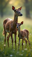 Poster - Tender moment: A doe stands protectively next to her fawn in a lush green field, basking in soft, golden sunlight.