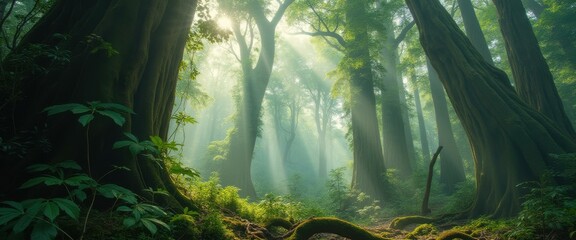 Poster - Sunlight streams through towering ancient trees in a tranquil and mystical forest. Lush greenery carpets the forest floor, creatin