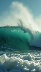 Aufkleber - Majestic emerald wave crests and crashes in ocean, foam swirls in sunlight, reflecting turquoise and teal hues