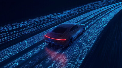 Poster - Velocity Unveiled: A sleek sports car speeds along a digital highway, its every movement captured in a stream of glowing blue data, symbolizing speed, innovation and technological advancement.