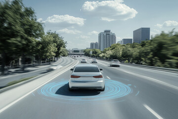 Poster - Autonomous Drive on Road: A sleek car navigates a modern cityscape, the road ahead. Featuring an integrated autonomous driving system.