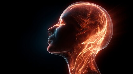 Poster - Abstract Fiery Head Profile Digital Art Glowing Energy Network Mesh Wireframe Modern Futuristic Design Technology Innovation Concept Illustration  Creative Graphic Background Red Blue Dark Mind Face  