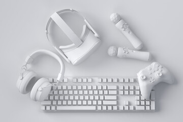 Poster - Top view gamer gears like joystick, keyboard, headphones and VR glasses