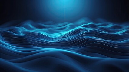 Abstract digital landscape with blue wavy lines converging towards the horizon under a dark
