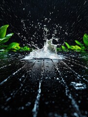 Wall Mural -   A black surface with a splash of water and green foliage in the background