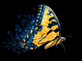 Leinwandbilder - Abstract Polygonal Butterfly Yellow and Blue Wings Dissolving into Blue Particles on Black