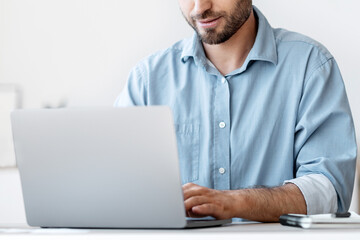 Poster - Business Lifestyle. Busy Office Worker Using Laptop At Workplace In Office, Typing On Keyboard, Writing Emails, Free Space