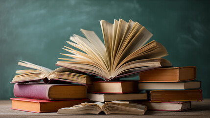Poster - Stack of open and closed vintage books on wooden table against teal background, showcasing knowledge, education, and learning, ideal for educational or literary concepts