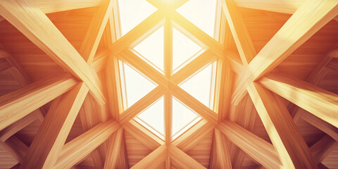 Aufkleber - Wooden ceiling with geometric light well, showcasing intricate beams and natural light, symbolizing architectural design, craftsmanship and modern aesthetics