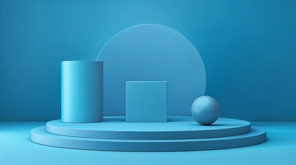 Poster - Abstract Blue Geometric Shapes Minimalist Product Display Platform Modern Cylinder Cube Sphere Background Design Studio Scene Elegant 3D Render Illustration Digital Art Background Template Color Style