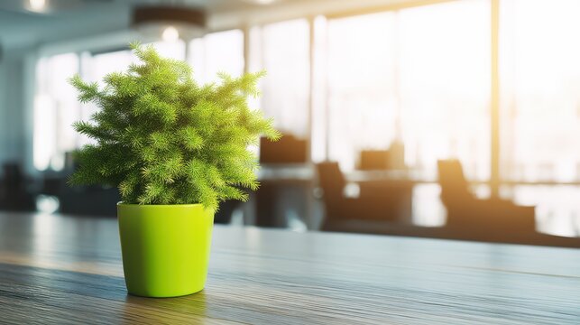 Close-up of a green potted plant in a modern office interior with a blurred window and sunlight background