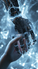 Poster - Human hand gently grasping a robotic hand, showcasing technological advancement and human-robot collaboration, symbolizing synergy and future possibilities