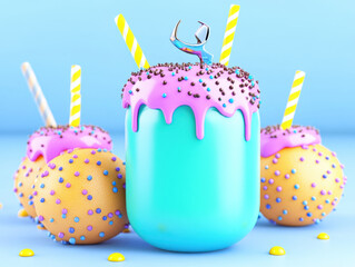 Leinwandbilder - Playful Teal Frosted Beverage with Sprinkles and Miniature Figure 3D Render