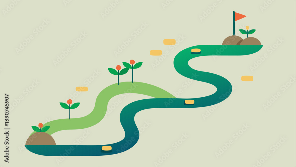 Growth Journey A winding path with milestones marked by small plants at ...