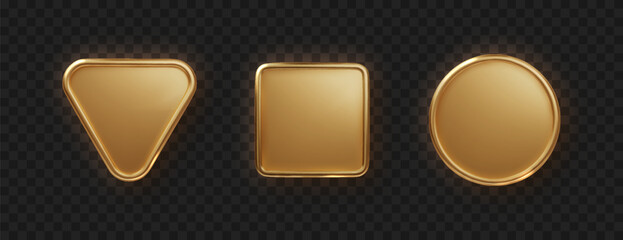 Leinwandbilder - Golden plate button shape with frame. Realistic isolated design element, golden glossy label. Realistic 3D design.