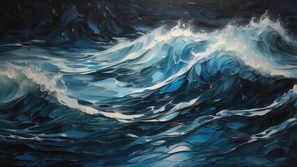 Abstract digital landscape with blue wavy lines converging towards the horizon under a dark