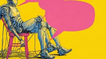 Poster - Colorful Robot Resting on a Pink Chair With Speech Bubble Generative AI
