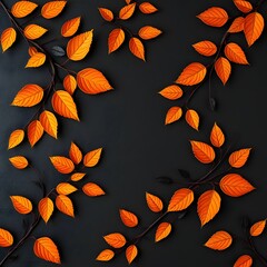 Aufkleber - Autumn Leaves On Dark Background, Vibrant Orange, Gold, And Deep Black Hues. Intricate Foliage Pattern Creates An Elegant Nature Scene. Organic Shapes. A Lovely Fall Image.