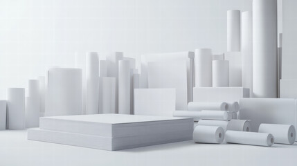 Poster - abstract paper installation: a minimalistic composition featuring a variety of paper rolls, sheets, 